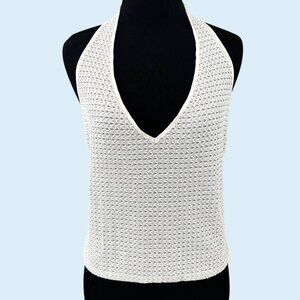 STUNNING NWT CACHE WHITE BEADED V-NECK HALTER TOP - M